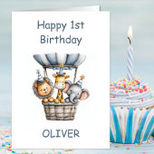 Safari Animals in Hot Air Balloon 1st Birthday カード