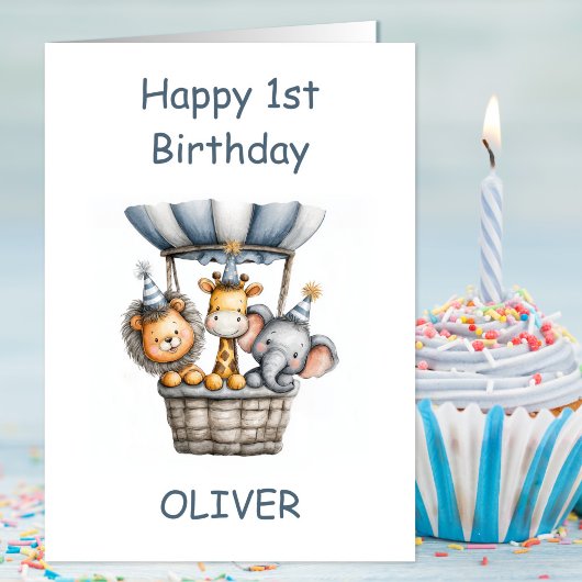 Safari Animals in Hot Air Balloon 1st Birthday カード