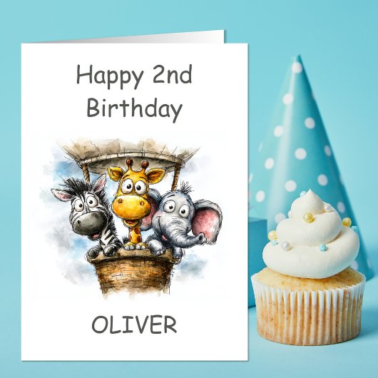 Safari Animals in Hot Air Balloon 2nd Birthday カード