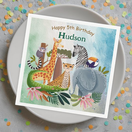 Safari animals jungle birthday watercolor スタンダードカクテルナプキン
