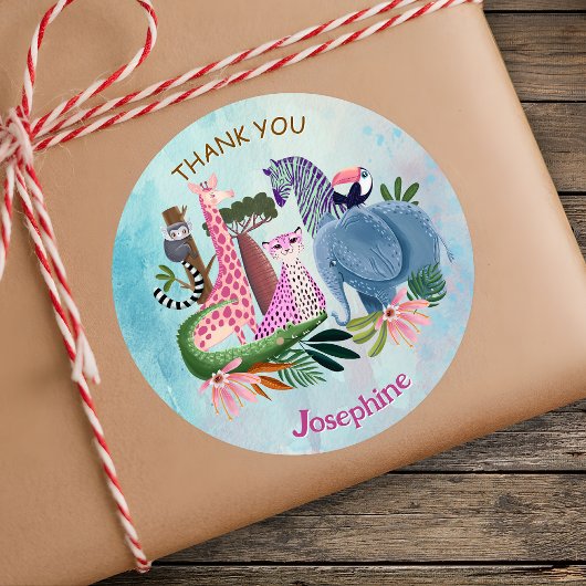 Safari animals jungle birthday watercolor ラウンドシール