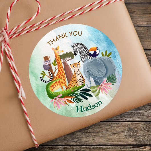 Safari animals jungle birthday watercolor ラウンドシール