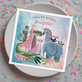 Safari animals jungle birthday watercolor girl スタンダードカクテルナプキン