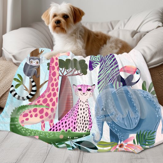 Safari animals jungle birthday watercolor girl フリースブランケット