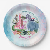 Safari animals jungle birthday watercolor girl ペーパープレート (正面)