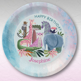 Safari animals jungle birthday watercolor girl ペーパープレート