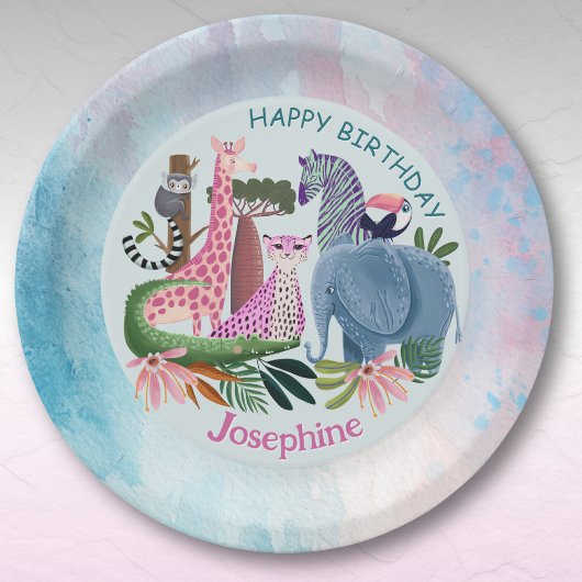 Safari animals jungle birthday watercolor girl ペーパープレート