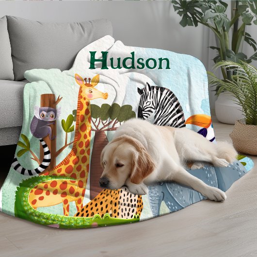 Safari animals jungle birthday watercolor kid フリースブランケット