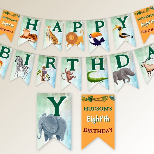 Safari animals jungle kids birthday watercolor  バンティングフラッグ