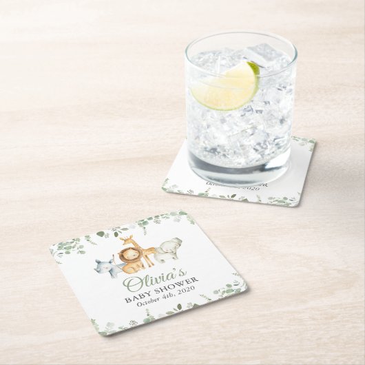 Safari Animals, Jungle, Wild Animals, Baby Shower スクエアペーパーコースター (インサイチュ)