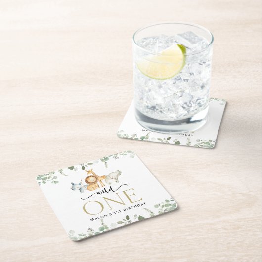 Safari Animals, Jungle, Wild One, First Birthday スクエアペーパーコースター (インサイチュ)