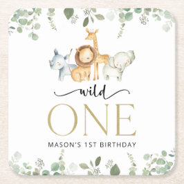 Safari Animals, Jungle, Wild One, First Birthday スクエアペーパーコースター