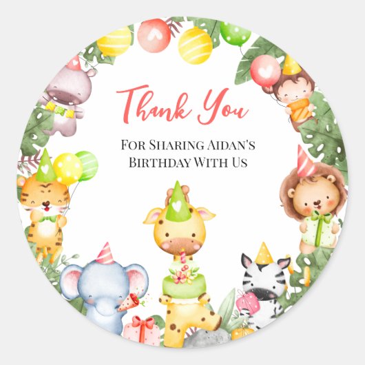 Safari Animals Kidsパーティーありがとう ラウンドシール (正面)