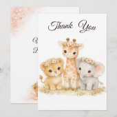 Safari Animals Lion Giraffe Elephant Pink Girl 招待状 (正面/裏面)