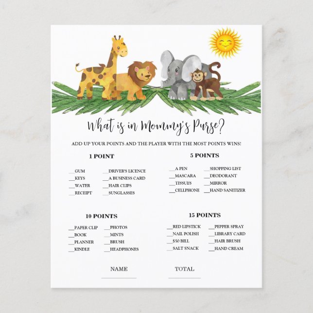 Safari Animals Mummy's Purse Baby Shower Game (正面)