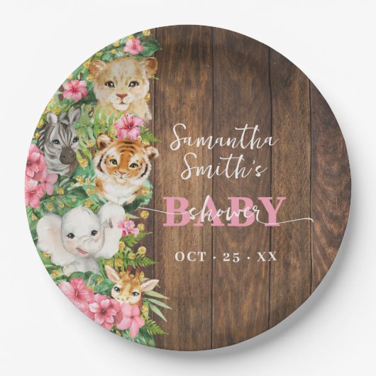 Safari Animals Pink Rustic Baby Shower  ペーパープレート (正面)