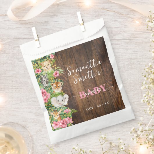 Safari Animals Pink Rustic Baby Shower Party フェイバーバッグ (クリップ留めされた状態)