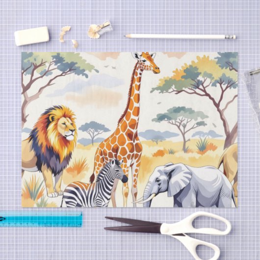 Safari Animals Seamless Pattern Savanna Scene 薄葉紙 (クラフト)