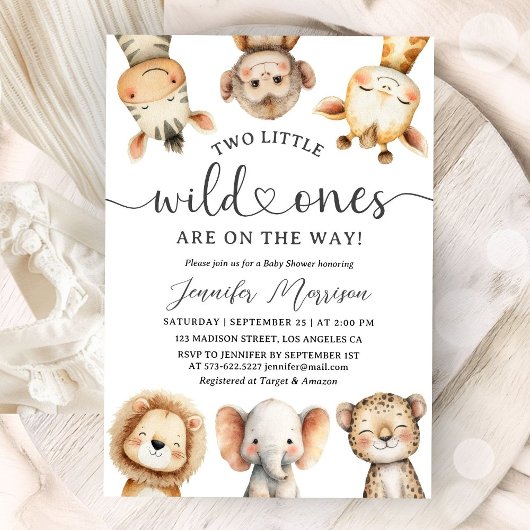 Safari Animals Twin Baby Shower Wild One Jungle 招待状