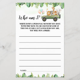 Safari Animals Who Is I Baby Showerゲームカード チラシ