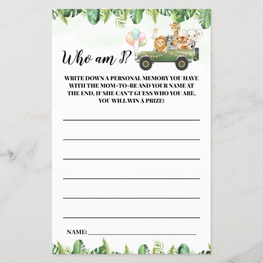 Safari Animals Who Is I Baby Showerゲームカード チラシ (正面)