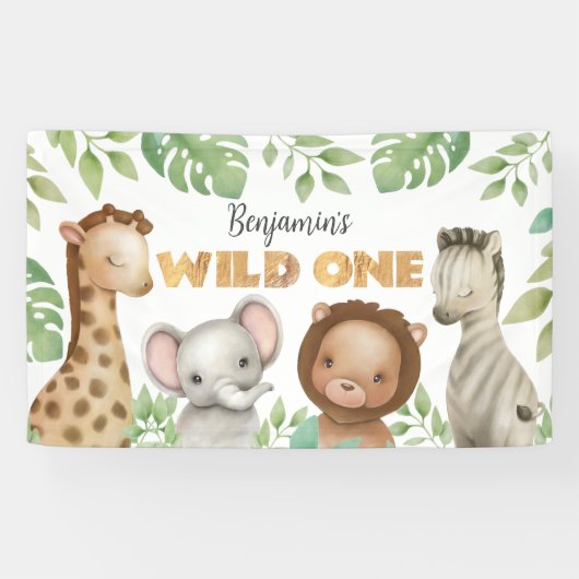 Safari Animals Wild One 1 Birthday Banner 横断幕 (横)
