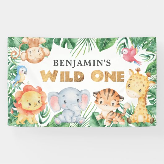 Safari Animals Wild One 1 Birthday Banner 横断幕 (横)