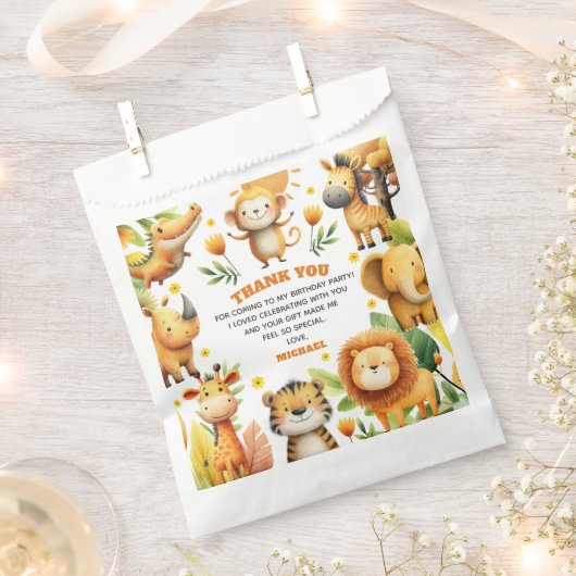 Safari Animals WILD ONE 1st Birthday Thank You フェイバーバッグ (クリップ留めされた状態)