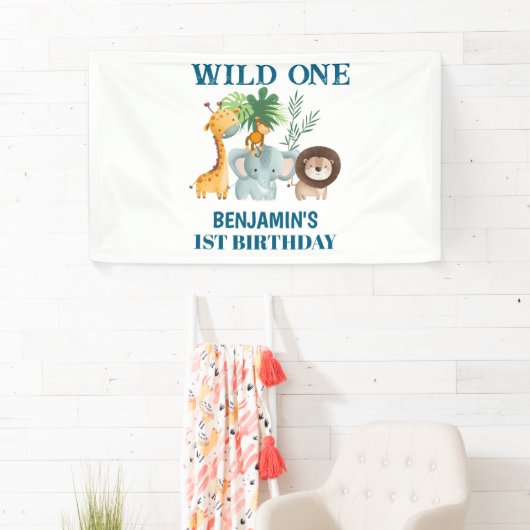 Safari Animals Wild One Jungle 1st Birthday 横断幕 (インサイチュ)