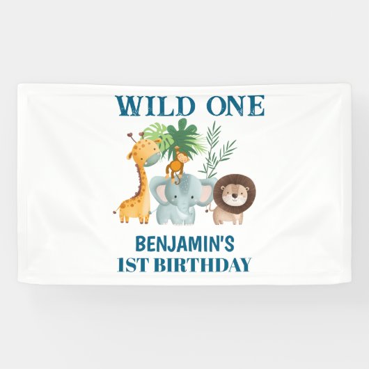 Safari Animals Wild One Jungle 1st Birthday  横断幕 (横)