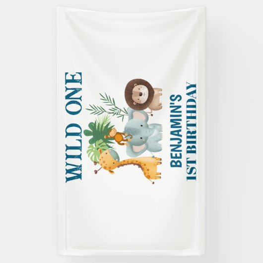 Safari Animals Wild One Jungle 1st Birthday  横断幕 (縦)