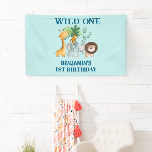 Safari Animals Wild One Jungle 1st Birthday 横断幕 (インサイチュ)