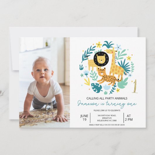 Safari Blueすべてのパーティー動物を呼び出す1st誕生日 招待状 (正面)