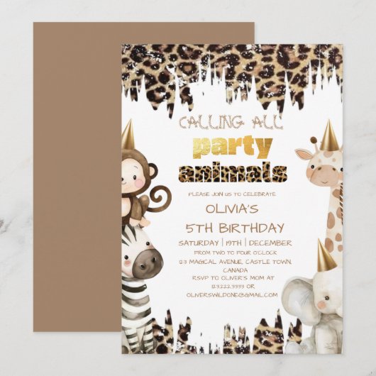 Safari Calling All Party Animals Birthday 招待状 (正面/裏面)