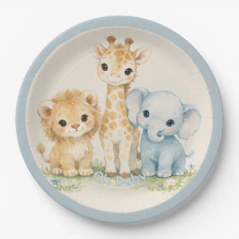 Safari Cute Animal Beige Blue Baby Shower ペーパープレート