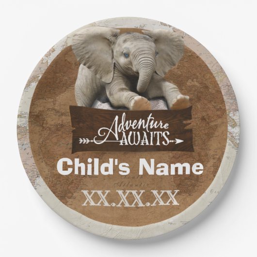 Safari Elephant “Adventure Awaits” Theme ペーパープレート (正面)