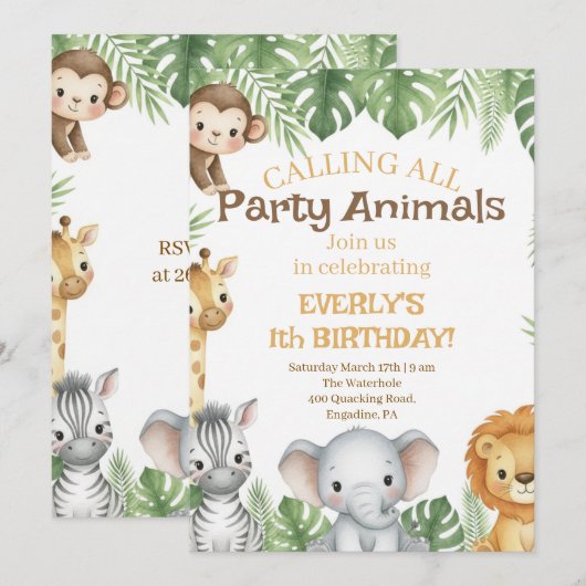 Safari First Birthday Evite 招待状 (正面/裏面)