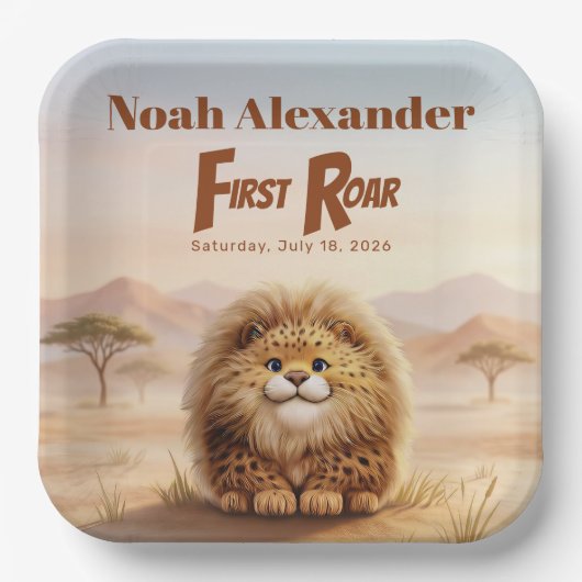 Safari First Roar Fluffy Leopard Birthday Party ペーパープレート (正面)