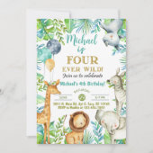 Safari Four-verワイルドボーイ4歳の誕生日の招待状。 招待状 (正面)