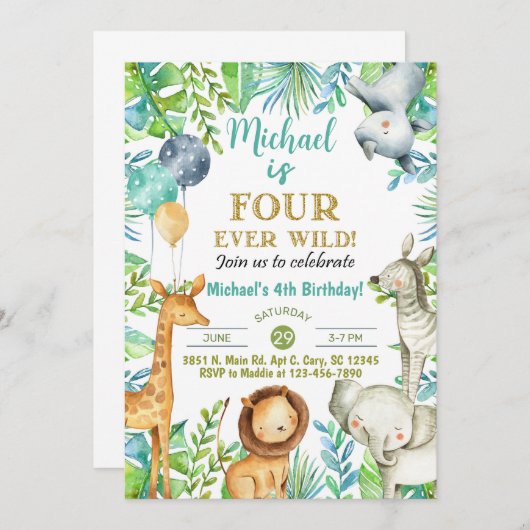 Safari Four-verワイルドボーイ4歳の誕生日の招待状。 招待状 (正面/裏面)