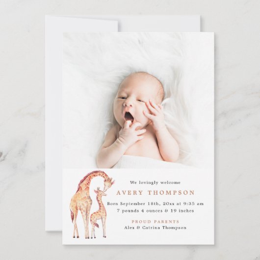 Safari Giraffeベビー写真の生誕発表 招待状 (正面)