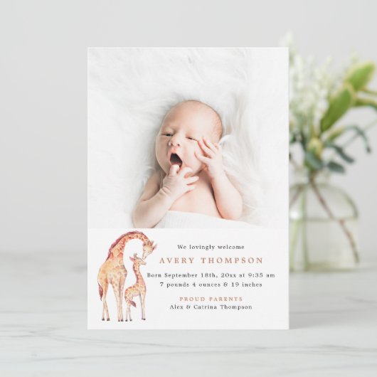 Safari Giraffeベビー写真の生誕発表 招待状 (スタンド正面)