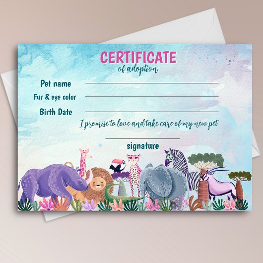 Safari girl birthday animal adoption certificate 招待状