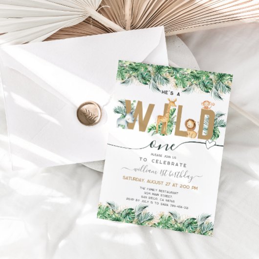 Safari Greenery Wild One Boy 1st Birthday Photo 招待状