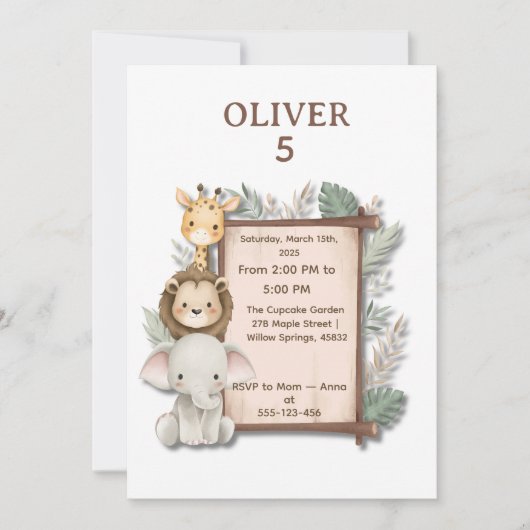 Safari Jungle 5th Birthday Invite Boy 招待状 (正面)