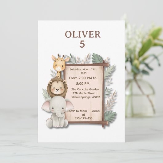 Safari Jungle 5th Birthday Invite Boy 招待状 (スタンド正面)