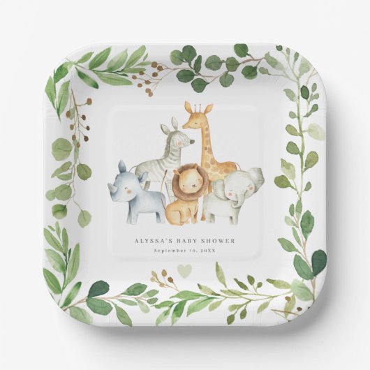 Safari Jungle Animals Baby Shower Paper Plates ペーパープレート (正面)