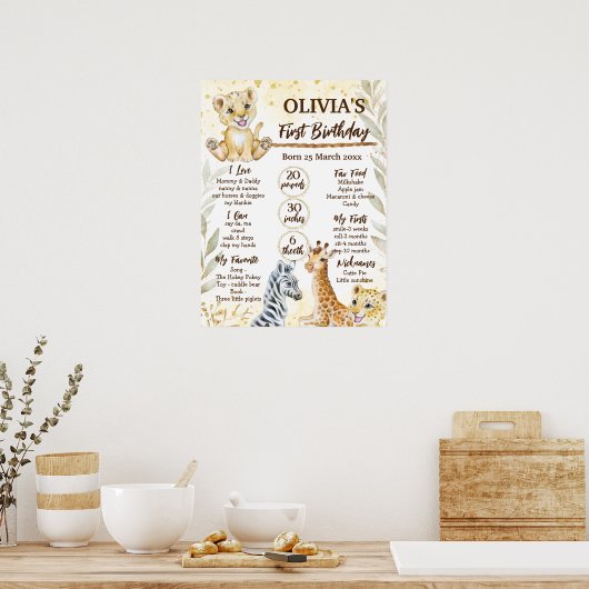 Safari jungle animals wild one birthday milestone ポスター (キッチン)