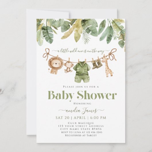  Safari Jungle Animals wild one boy Baby Shower  招待状 (正面)