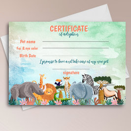 Safari jungle birthday animal adoption certificate 招待状